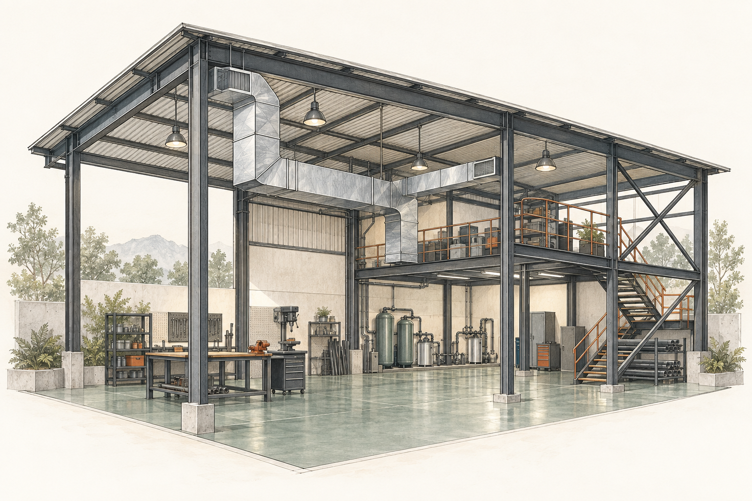 Ilustración de fabricación metálica, infraestructura y equipos industriales.